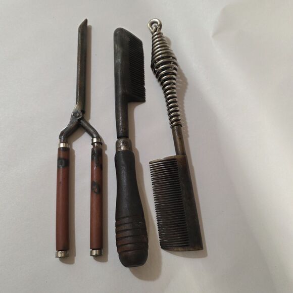 Lot Antique Hair Styling Items Hot Combs Curling Iron 3 Pcs - Picture 1 of 16